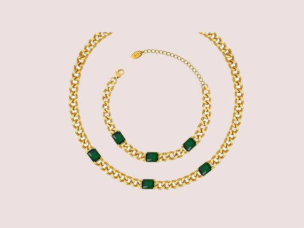 Cuban Chain & Green Cubic Zirconia Necklace