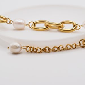 WIDE OVAL CHAIN BAROQUE FRESHWATER PEARL BRACELET