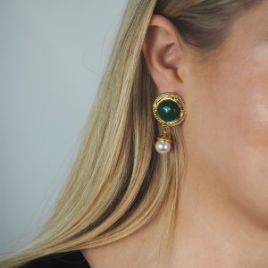 green stone and pearl drop earrings