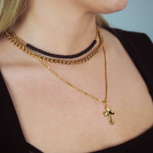 black agate cross layered necklace