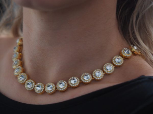 chunky rhinestone necklace on model